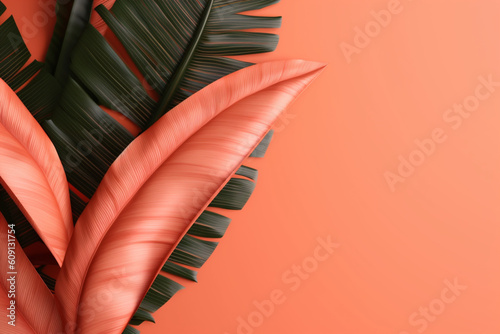 Print op canvas folhas de palmeira no fundo coral - wallpaper