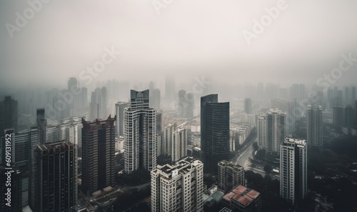  a very tall city with lots of tall buildings in the fog.  generative ai