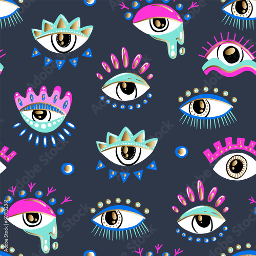 Bright seamless pattern with colorful eyes. Texture background. Wallpaper for teenager girls. Women's fashion style