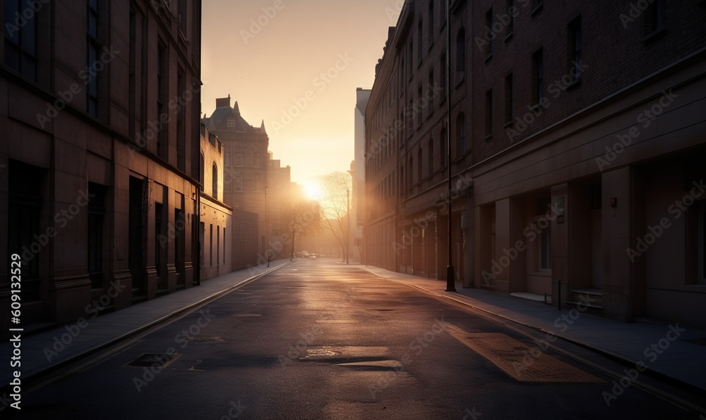  the sun is setting on a city street with buildings on both sides.  generative ai