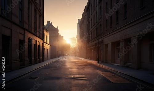  the sun is setting on a city street with buildings on both sides. generative ai