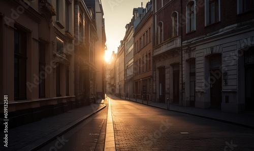  the sun is setting on a city street with buildings on both sides. generative ai