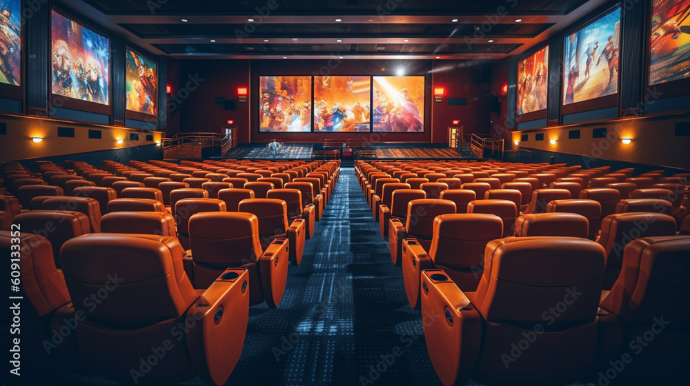 Empty cinema auditorium with rows of orange seats.generative ai Empty cinema auditorium with rows of orange seats.generative ai