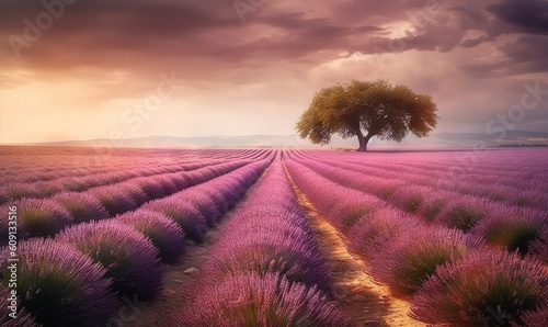  a lone tree in a lavender field under a cloudy sky.  generative ai © Anna