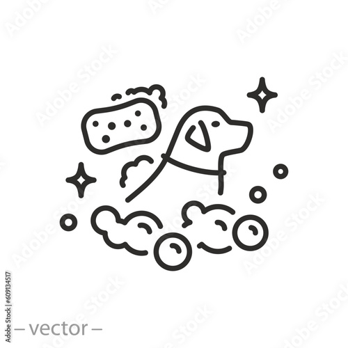 dog bathe icon, lather washcloth, hygiene pet, line symbol on white background - editable stroke vector illustration eps10