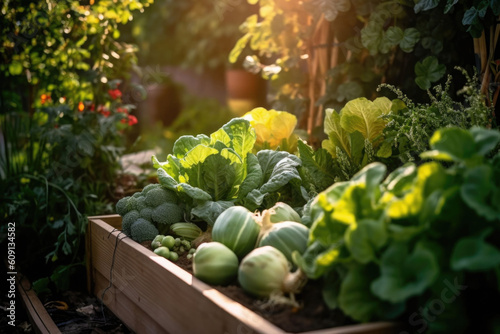 Raised bed gardens for growing vegetables or composting. Generative AI