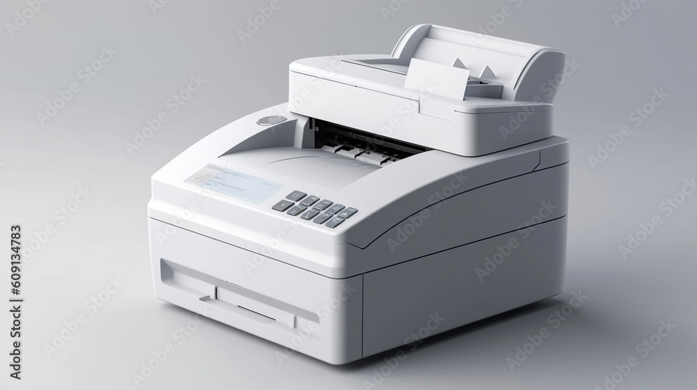Digital composite of Office printer with sheets of paper on desk against grey background.generative ai Digital composite of Office printer with sheets of paper on desk against grey background.generative ai