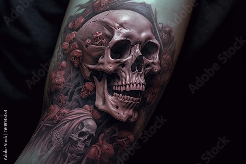Skull Tattoo art that comes to life on an arm, Created with generative AI tools