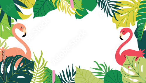 Tropical summer background with flamingos and tropical leaves. Exotic floral Invitation, flyer or card. Vector illustration.