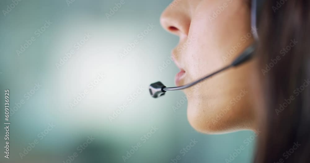 Call center closeup, microphone and talking woman with help, advice and communication. Contact, mockup space and mouth of customer care agent speaking into a headset mic for support and telemarketing