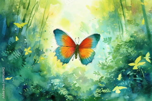 A happy butterfly in the forest. Generative AI.