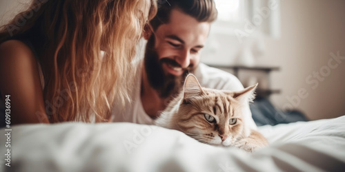 Happy smiling couple and their shaggy cat sitting on the bed, enjoying relaxed morning at home  © Jasmina