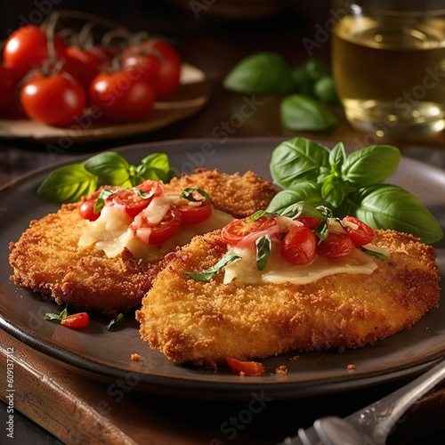 Mediterranes Schnitzel. Ein paniertes Schnitzel, das mit Tomaten, Mozzarella und frischem Basilikum belegt wird. Überbacken wird es im Ofen, bis der Käse geschmolzen ist.  photo