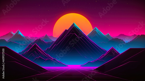 A mountain range with a sunset in the background. Generative AI. © Friedbert