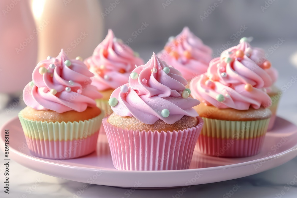 Perfect Cupcakes muffin in bright pastel colors on a simple background, Created with generative AI tools
