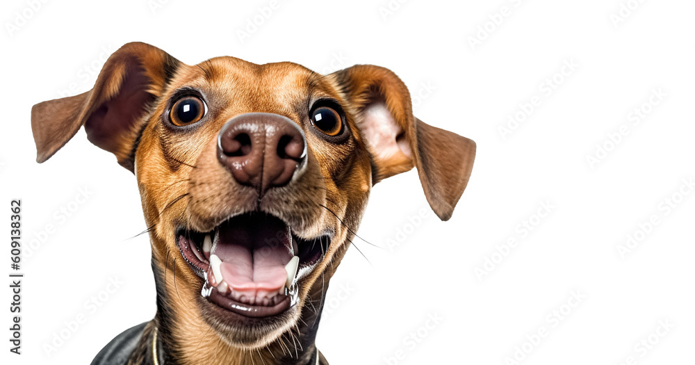 Funny puppy dog. Cute happy playful dog or pet isolated on white background. Cute, happy, crazy dog headshot smiling on white background with copy space.	