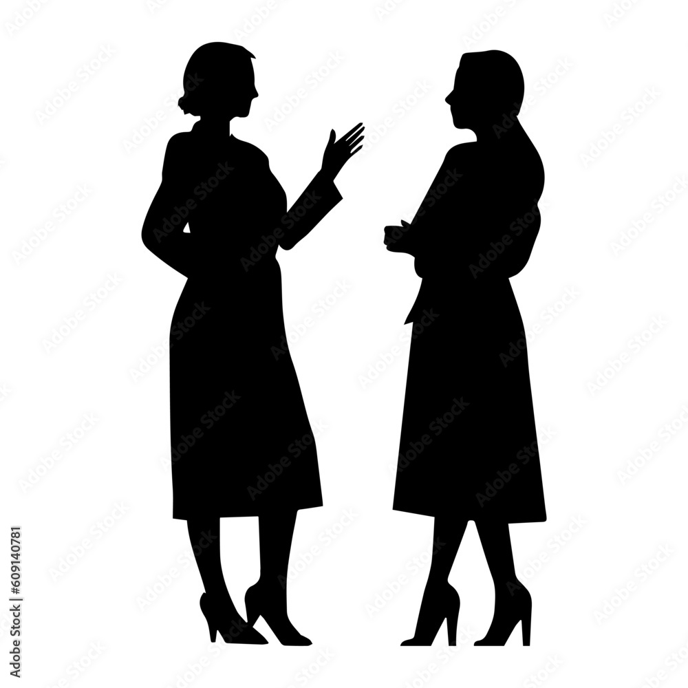 Vector illustration. Silhouette of two women. Friends dispute. People conversation. Colleague dialogue.