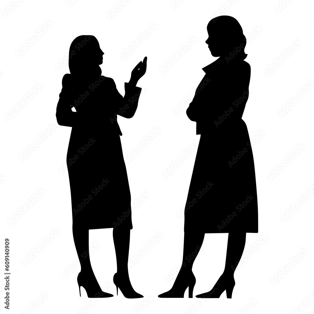 Vector illustration. Silhouette of two women. Friends dispute. People conversation. Colleague dialogue.
