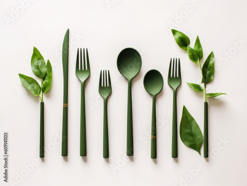 flat-lay of Eco friendly bamboo cutlery with green foliage on white background, AI generative