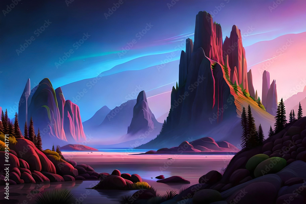 An otherworldly alien landscape with towering rock formations, bioluminescent plants illuminating the scene, and a sense of mystery and otherness in the air