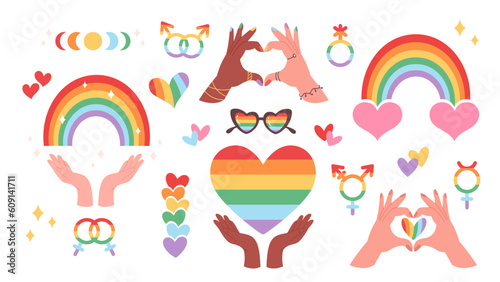 LGBTQ elements collection. LGBTQ Pride Month. Rainbow, hearts, gender symbols. Vector illustration in flat style