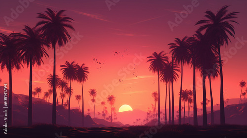 Palm trees in the sea at sunset. generative ai © S...