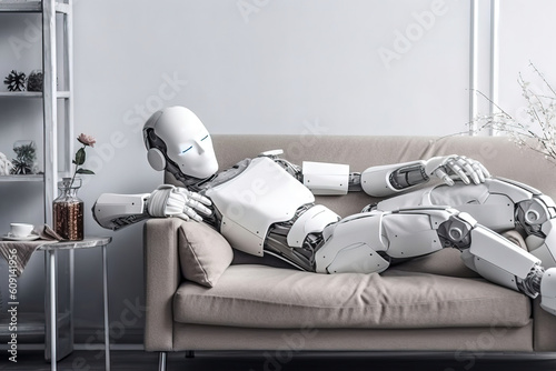 white humanoid robot resting on a couch