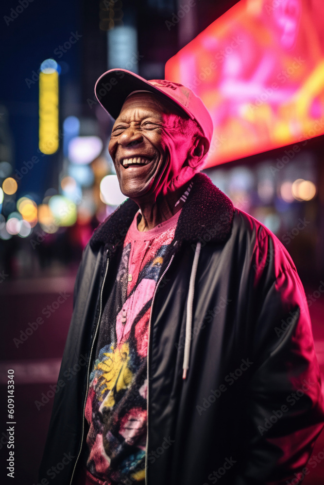 Obraz premium Happy elderly man wearing neon clothes. Generative AI