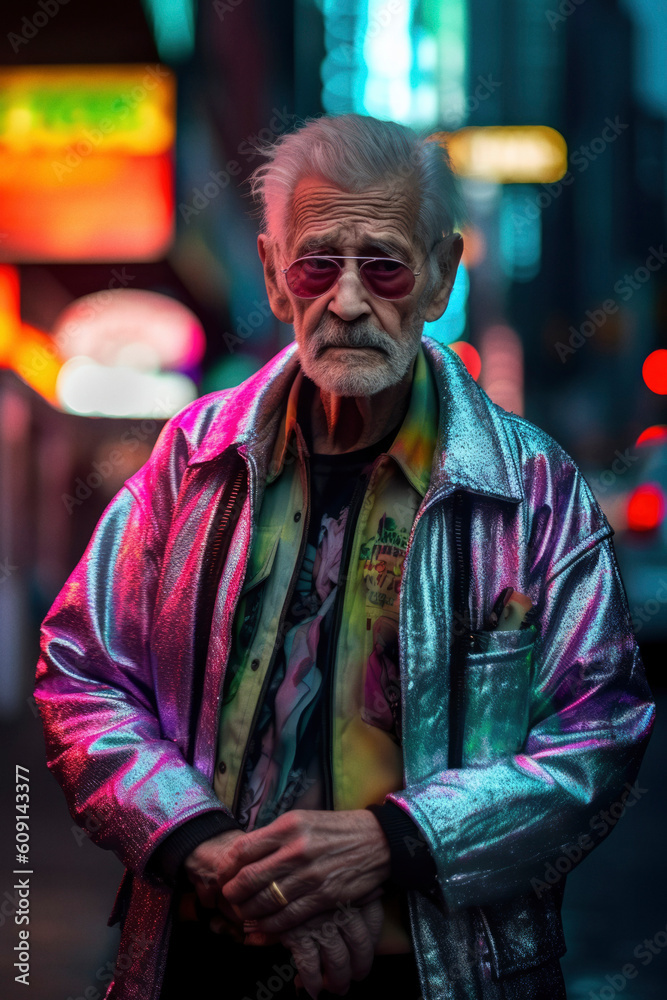 Obraz premium Happy elderly man wearing neon clothes. Generative AI