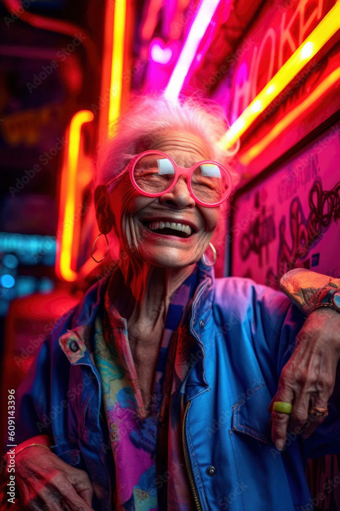 Happy elderly woman wearing neon clothes. Generative AI