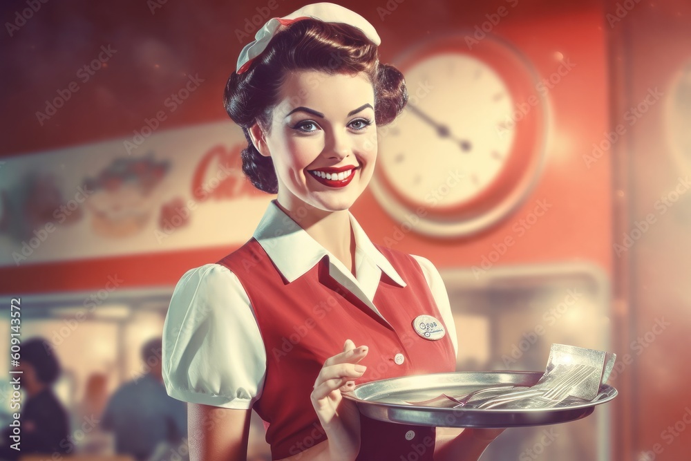 Old vintage retro illustration poster of a female waiter at an American