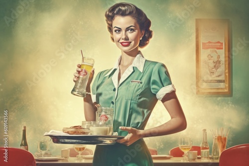 Old vintage retro illustration poster of a female waiter at an American restaurant diner, classical 50s and 60s look, Created with generative AI tools