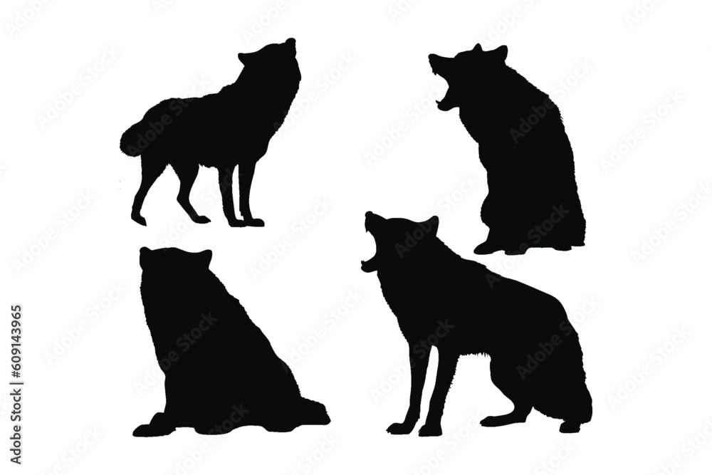 Wolf full body silhouette collection. Carnivore wolves silhouette bundle. Dangerous wild animals like wolf, silhouettes on a white background. Wild wolves sitting and howling in different positions.