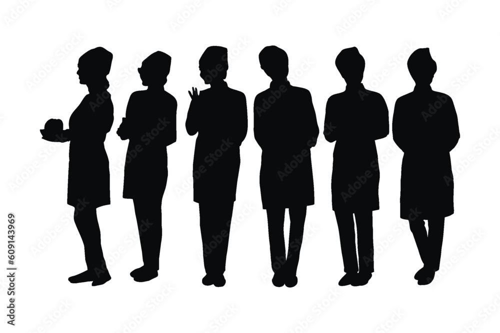 Girl bakery wearing chef uniforms silhouette bundle. Female baker silhouette collection. Bakery women with anonymous faces. Female chef and baker silhouette set vector on a white background. Girl bakery wearing chef uniforms silhouette bundle. Female baker silhouette collection. Bakery women with anonymous faces. Female chef and baker silhouette set vector on a white background.