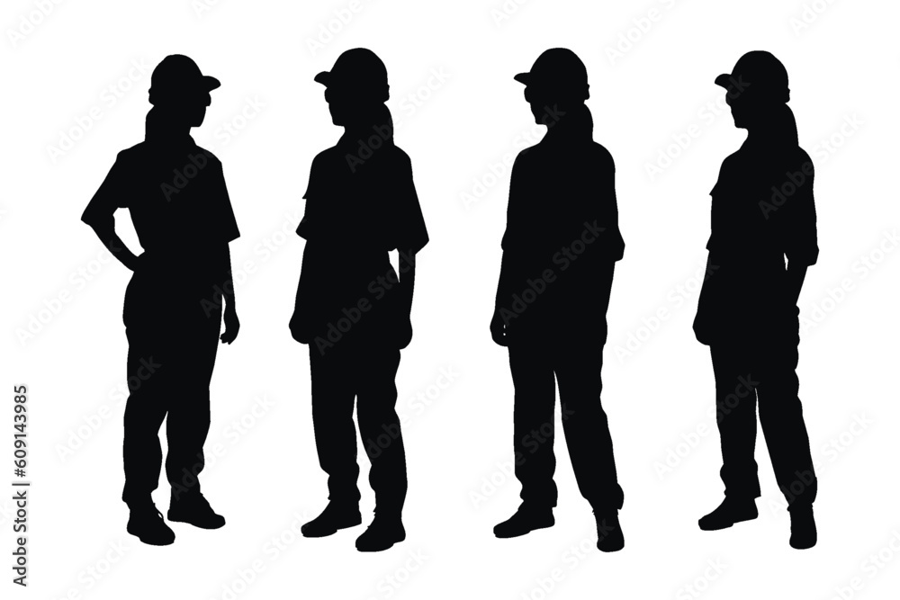 Engineer women with anonymous faces. Female engineer wearing uniforms silhouette bundle. Girl construction workers silhouette collection. Female worker silhouette set vector on a white background.