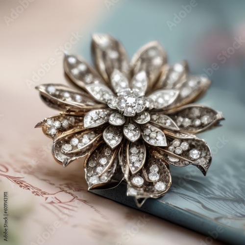 Jewelry brooch with precious stones. Selective focus.