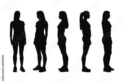 Female model silhouette on a white background. Girl actors posing in different positions. Female model silhouette bundle. Women fashion actors with anonymous faces. Actress silhouette collection.