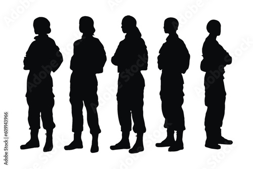 Female soldier silhouette set vector on a white background. Girl infantry unit wearing uniforms silhouette bundle. Army women with anonymous faces. Female special forces silhouette collection.