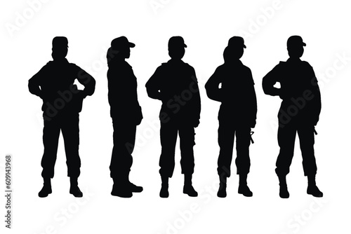 Girl infantry unit wearing uniforms silhouette bundle. Female special forces silhouette collection. Female soldier silhouette set vector on a white background. Army women with anonymous faces.