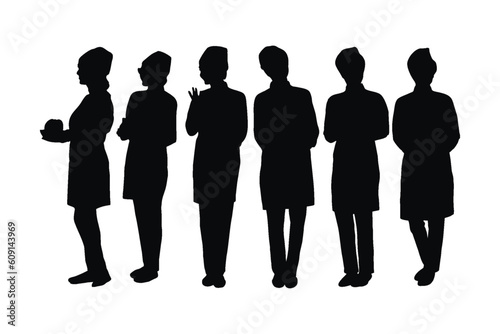 Girl bakery wearing chef uniforms silhouette bundle. Female baker silhouette collection. Bakery women with anonymous faces. Female chef and baker silhouette set vector on a white background.