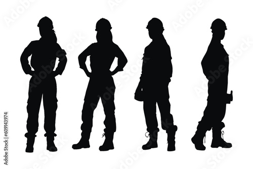 Female bricklayer wearing uniforms silhouette bundle. Girl construction worker silhouette collection. Mason women with anonymous faces. Female bricklayer silhouette set vector on a white background.