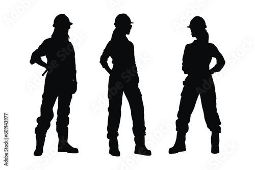 Female bricklayer silhouette collection. Mason women with anonymous faces. Female bricklayer silhouette set vector on a white background. Girl construction worker wearing uniforms silhouette bundle.