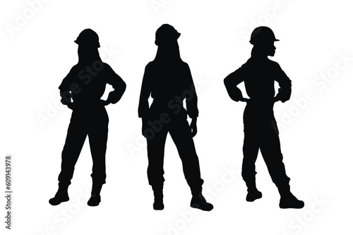 Mason women with anonymous faces. Female bricklayer silhouette set vector on a white background. Girl construction worker wearing uniforms silhouette bundle. Female bricklayer silhouette collection.
