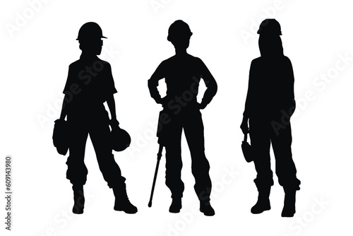 Girl construction worker wearing uniforms silhouette bundle. Female bricklayer silhouette collection. Mason women with anonymous faces. Female bricklayer silhouette set vector on a white background.