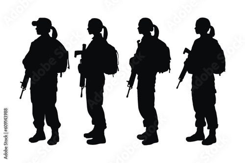 Female special forces silhouette collection. Female soldier silhouette set vector on a white background. Girl infantry unit wearing uniforms and holding assault rifles. Army women with anonymous faces