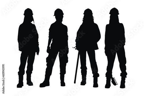Mason women with anonymous faces. Female bricklayer wearing uniforms silhouette bundle. Girl construction worker silhouette collection. Female bricklayer silhouette set vector on a white background.