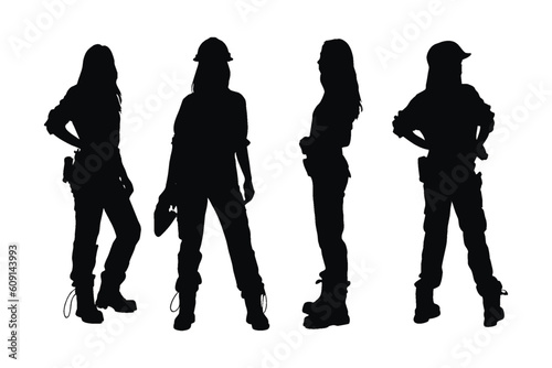 Carpenter women with anonymous faces. Female carpenter wearing uniforms silhouette bundle. Girl construction worker silhouette collection. Female carpenter silhouette set vector on a white background.