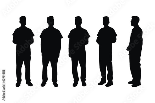 Male doctor silhouette on a white background. Man physician wearing aprons and standing silhouette bundles. Male doctor and surgeon with anonymous faces. Scientist boys silhouette collection.