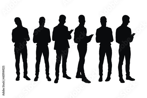 Male teacher silhouette on a white background. Man school teachers wearing uniforms. Tutor standing with books silhouette. Male educators with anonymous faces. Boy tutor silhouette collection.