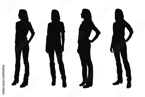 Women fashion actors with anonymous faces. Female model silhouette on a white background. Girl actors posing in different positions. Female model silhouette bundle. Actress silhouette collection.